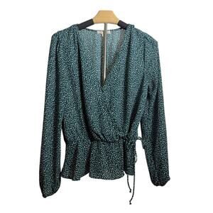 Nine Britton Green Wrap Peplum Blouse Long Sleeve